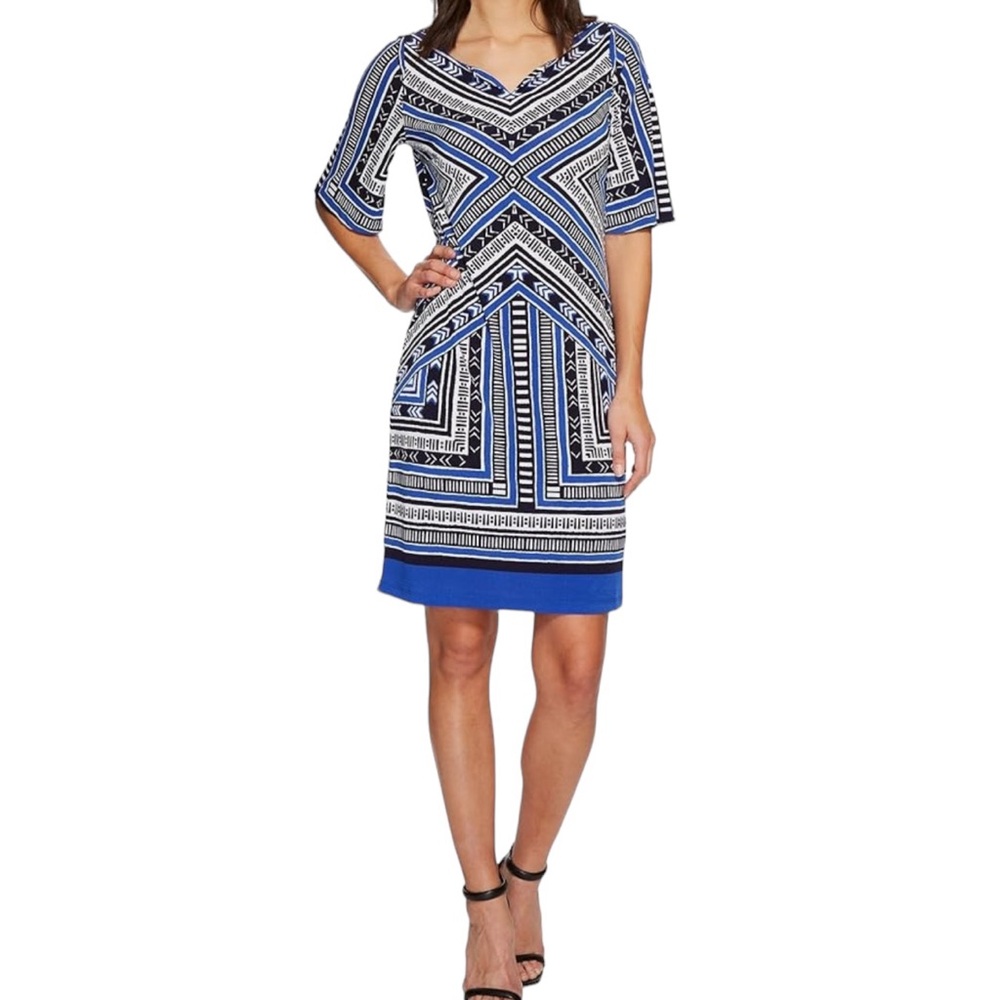 Tribal Cobalt Blue/White/Black Tribal Print Jersey Sheath Dress M